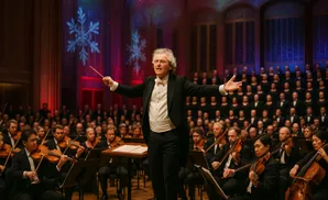 Conductor leading an orchestra and choir with snowflake projections on the backdrop.
