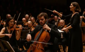 Conductor leads orchestra with cellist and violinist in foreground.