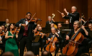 A Black man plays the violin while a woman plays the cello, with an orchestra and conductor in the background.