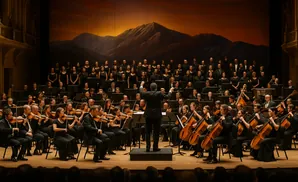 An orchestra and choir perform on stage, with a conductor at the front.