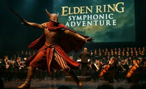 A performer in ornate armor and a red cape wields a sword on stage with an orchestra and 
