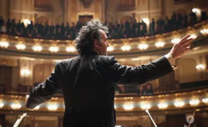 A conductor with curly hair leads an orchestra in a grand concert hall.