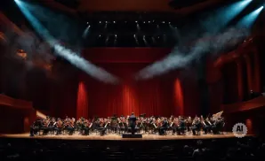Orchestra performs on stage under dramatic spotlights, with a red curtain backdrop and audience in the foreground.