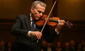 Man in a black suit plays the violin on stage with an audience in the background.