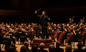 Conductor leading an orchestra.