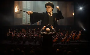 Conductor leads orchestra while Harry Potter movie plays on screen.