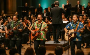 Two men in Hawaiian shirts play acoustic guitars and sing on stage with an orchestra behind them.