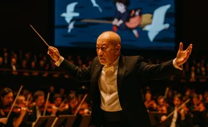 A conductor leads an orchestra with a screen showing Kiki's Delivery Service.