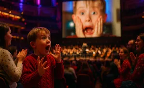 A child with a surprised expression watches a movie on a large screen, with an orchestra visible behind the audience.