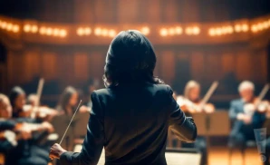 a rear-view photographof american conductor jeri lynne johnson, directing an orchestra in a grand concert hall. 