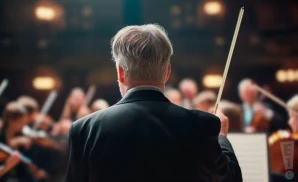 a rear view photo of john storgards conducting a symphony on stage before an audience