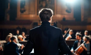a rear view photo of juraj valcuha conducting a symphony on stage before an audience