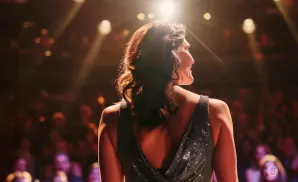 Woman in a sparkly dress on stage, backlit by a spotlight, facing an audience.
