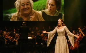 A soprano in a white dress sings with outstretched arms during an orchestral performance, a screen behind her shows two actors.