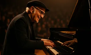 A man in a black suit and hat plays a grand piano, smiling warmly to the audience.