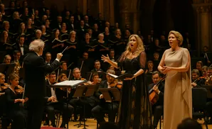 A conductor leads a choir and orchestra, with two soloists in the foreground.