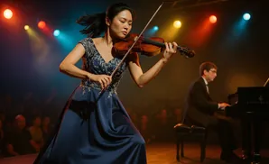 Woman playing violin on stage with a pianist in the background.