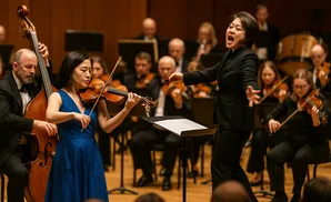 A female conductor leads an orchestra, gesturing emphatically to a violinist in a blue dress.