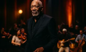 Morgan Freeman in a dark suit smiles at the camera with an orchestra in the background.