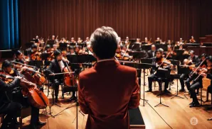 Conductor in red jacket facing an orchestra playing instruments.