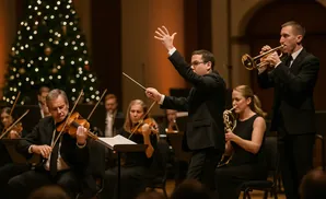 Conductor leading an orchestra with a Christmas tree in the background.