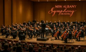 An orchestra performs under warm lighting, with the 