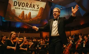 A conductor gestures with his baton at Dvořák's New World Symphony concert.