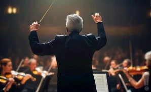 a rear view photo of peter oundjian conducting a symphony on stage before an audience