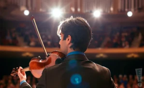 a photograph from behind russian- american violinist philippe quint, performing on stage in front of a large audience.