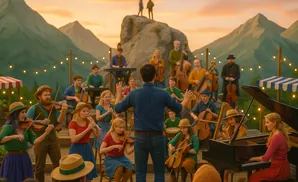 A conductor leads a mountain orchestra as musicians play violins, cellos, pianos, and other instruments.