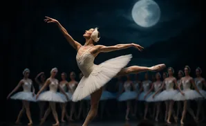 Ballerina in white tutu performs a graceful pose on stage under a large moon with other ballerinas in the background.
