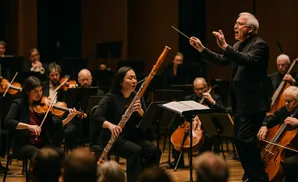 Conductor leads an orchestra with a woman playing a bassoon in the foreground.