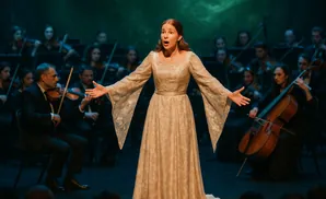 A woman in a flowing white dress sings with her arms outstretched before an orchestra, under a banner for 