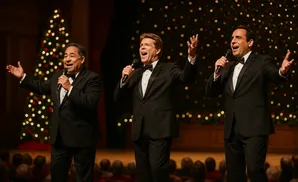 Three men in tuxedos sing into microphones on a stage with a Christmas tree and sparkling lights.