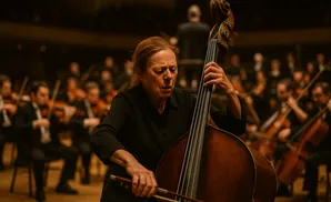 A woman plays a double bass in an orchestra.