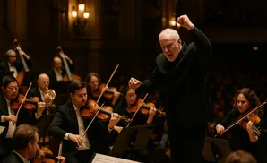 An orchestra conductor leads musicians playing violins and cellos on stage.
