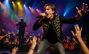 Singer in a military-style jacket performs with an orchestra behind him, illuminated by stage lights.