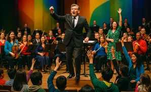 A conductor leads an orchestra as audience members raise their hands.
