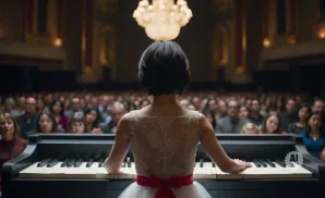 A young girl in a white dress plays piano for a large audience.