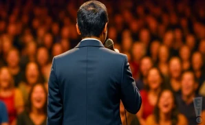 a rear view photo of comedian aziz ansari performing a comedy act on stage