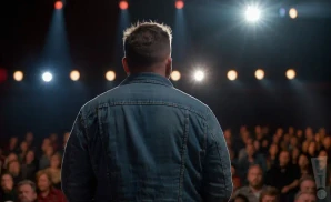 a rear view photo of comedian ben bankas performing a comedy act on stage