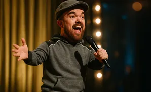 A short man with a beard and cap tells jokes into a microphone on a stage.