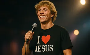A smiling young man in a black t-shirt that says 