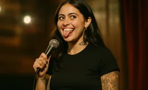 A woman with dark hair sticks out her tongue at the camera while holding a microphone.