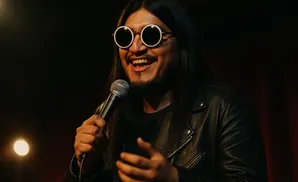Man with long hair, sunglasses, and a leather jacket holds a microphone and smiles.
