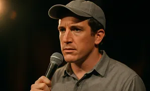 A man in a grey baseball cap and shirt holds a microphone to his mouth.