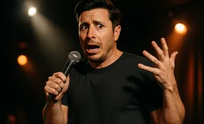 A man on stage holds a microphone and gestures with his hand, looking surprised.