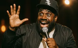 A Black comedian wearing a Sox baseball cap and black jacket holds a microphone and gestures with his open hand.