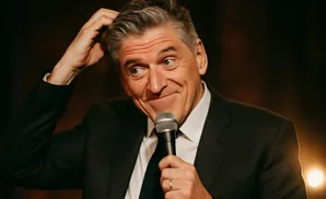 A man in a suit scratches his head while holding a microphone and looking off to the side.