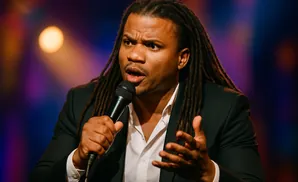Comedian with dreadlocks speaking into a microphone wearing a suit and white shirt.